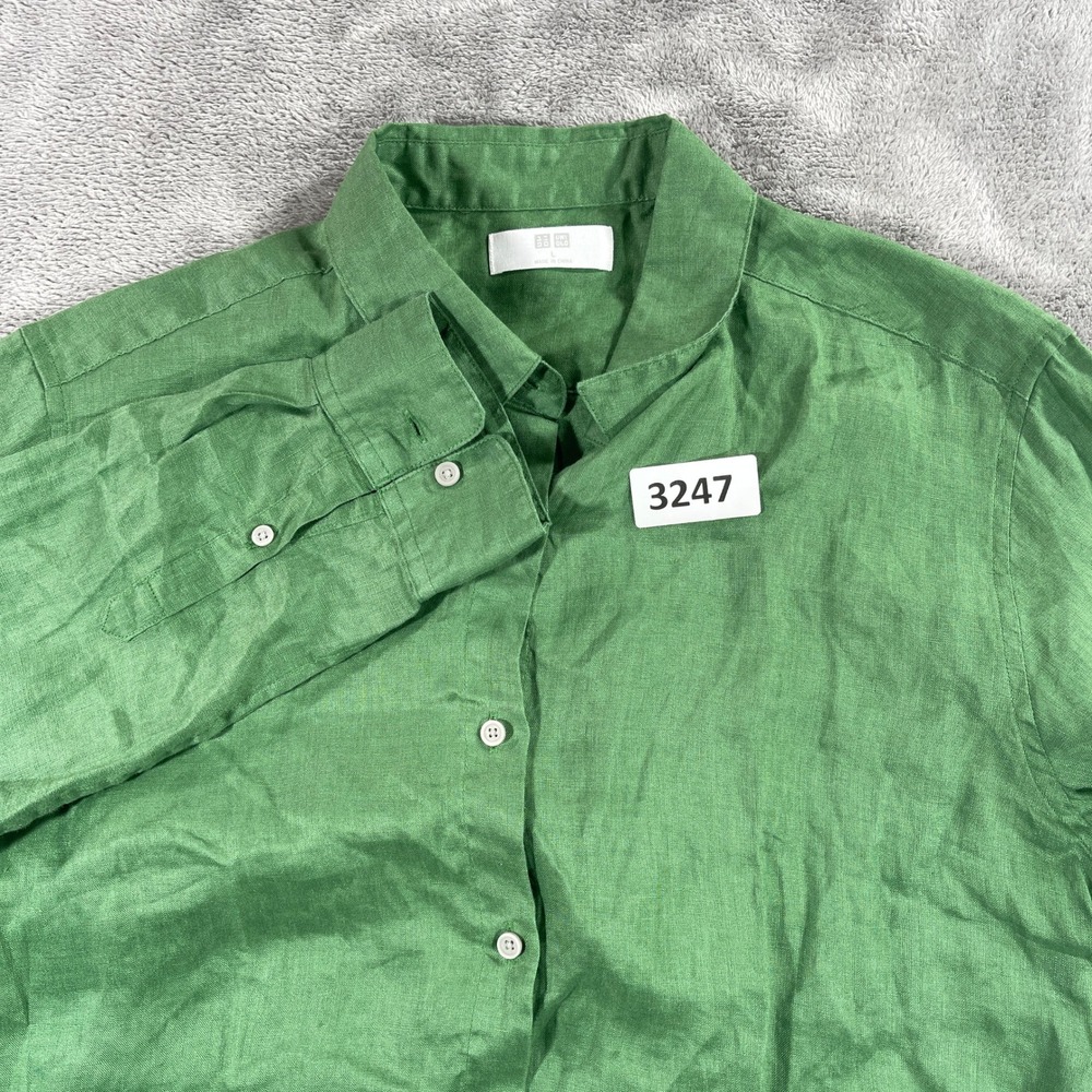 Uniqlo Linen Shirt Womens L Green Band Collar Button Down